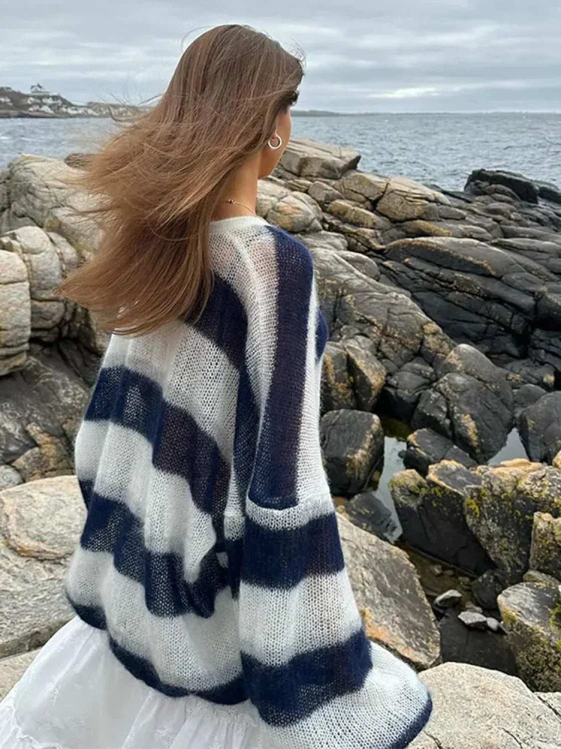 Women Fashion Contrast Striped Knitted Cardigan With Scarf Elegant V Neck Sweater