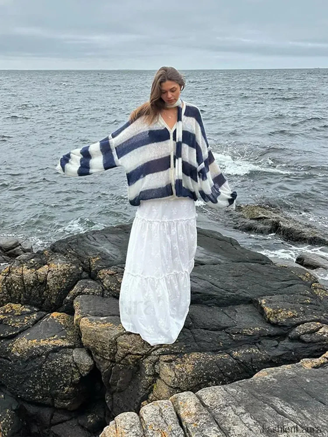 Women Fashion Contrast Striped Knitted Cardigan With Scarf Elegant V Neck Sweater