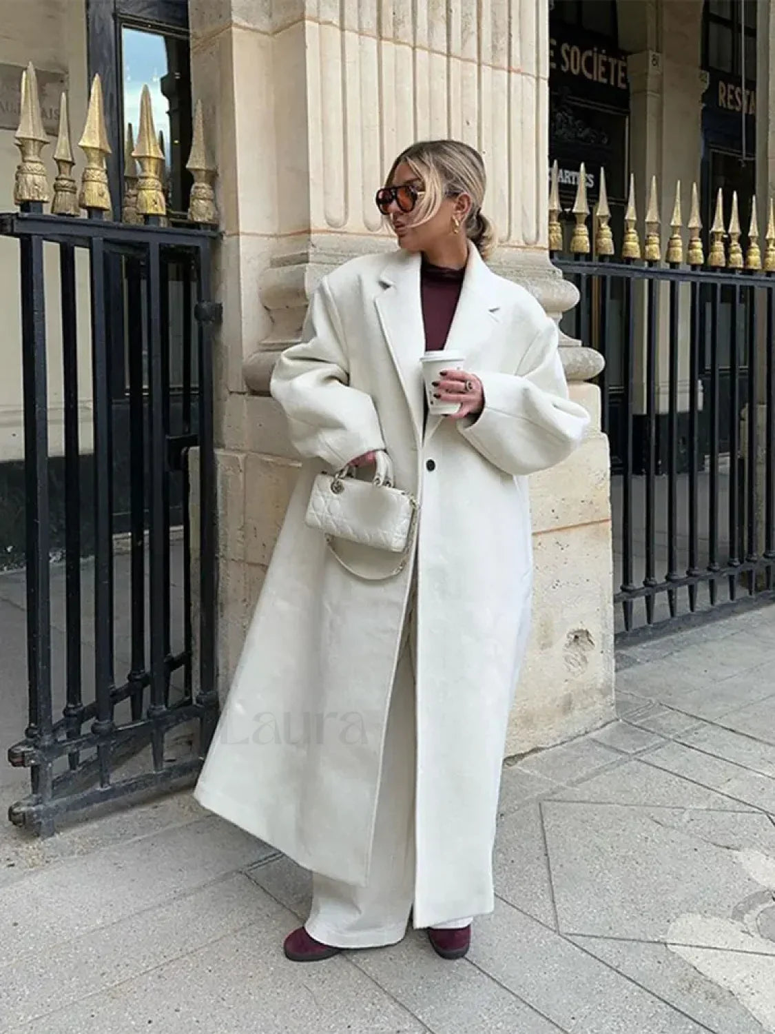 Women Fashion Loose White Long Woolen Overcoats