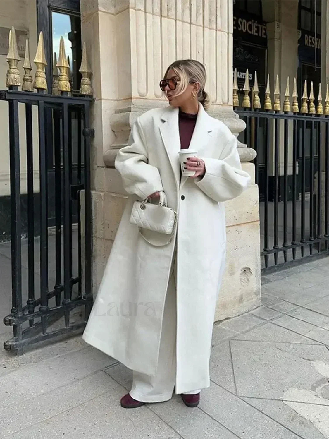 Women Fashion Loose White Long Woolen Overcoats White / S