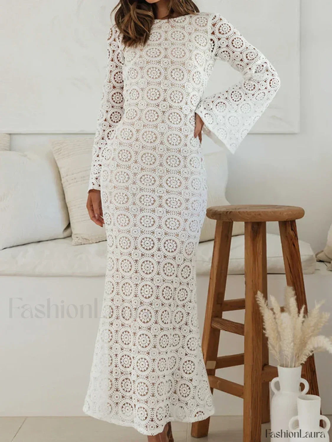 Women Knit Long Elegant Flower Jacquard Backless Maxi Hollow Out Crochet Holiday Beach Lace Dress