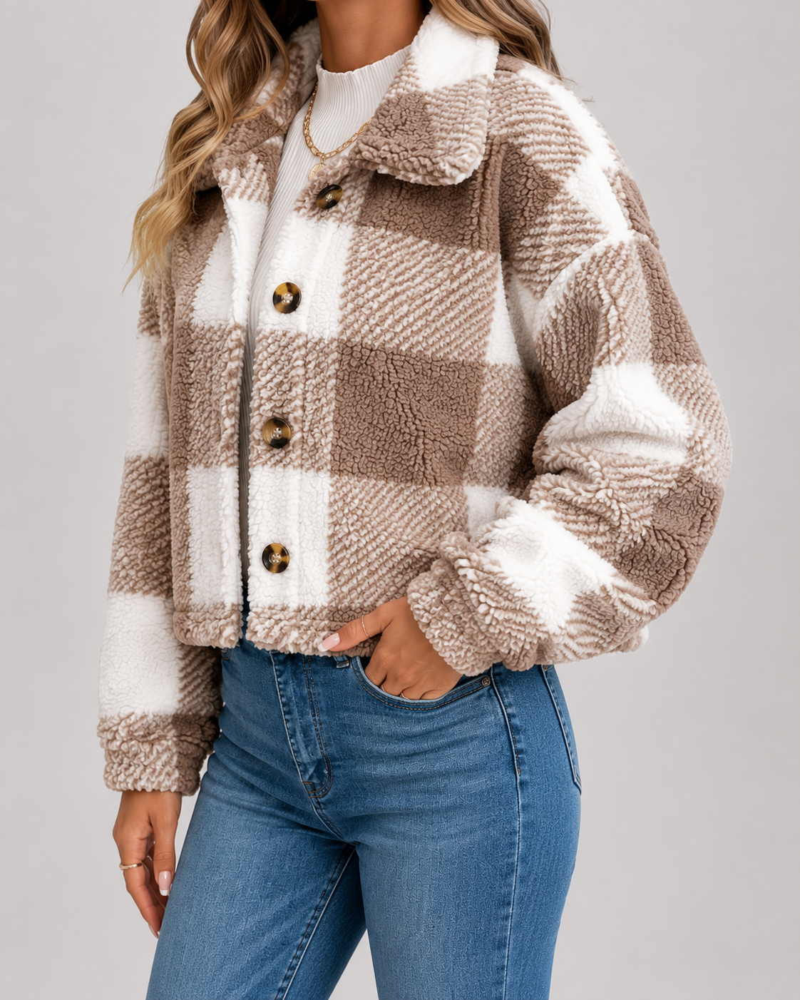 Women's Check Teddy Jacket Fleece Winter Casual