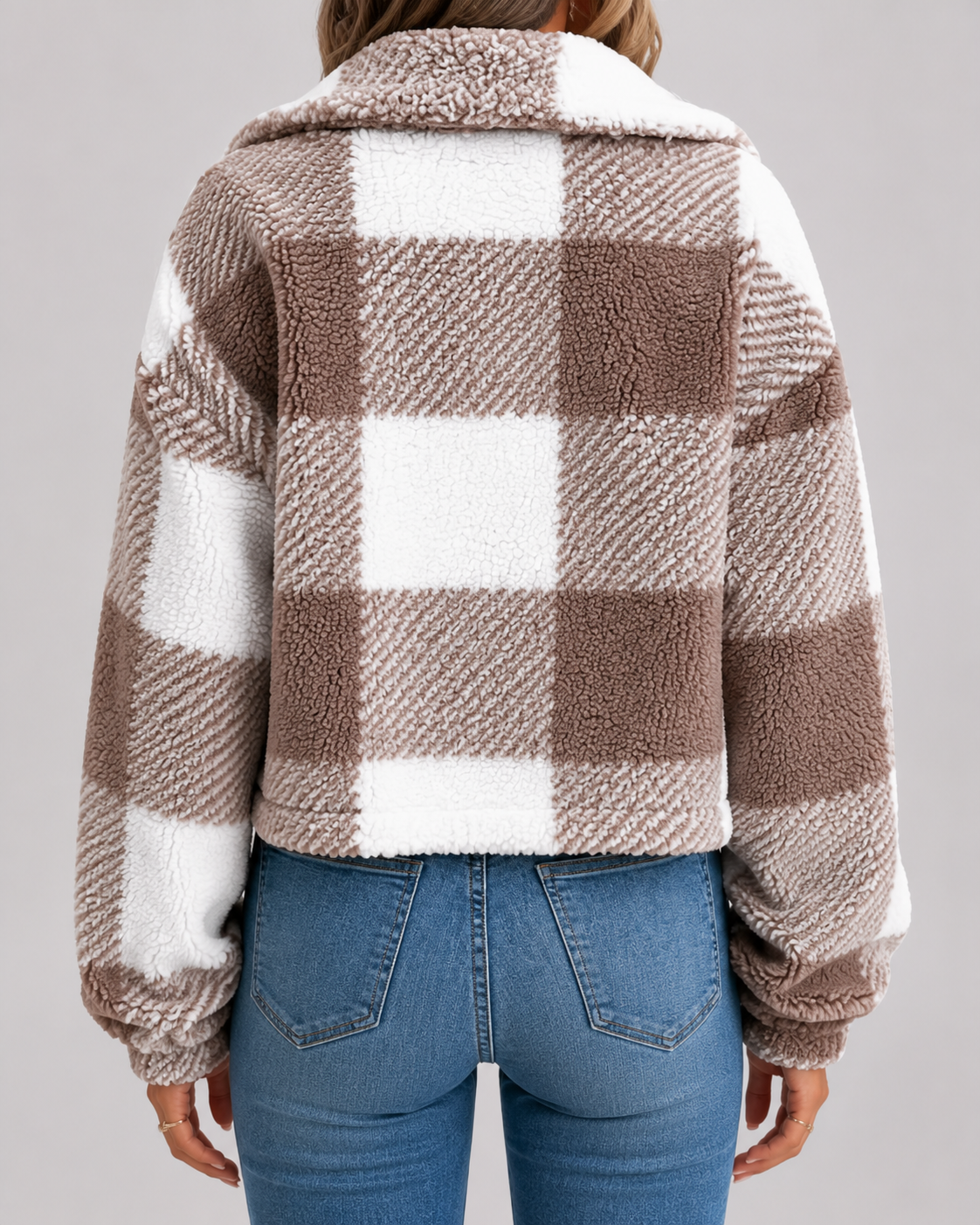 Women's Check Teddy Jacket Fleece Winter Casual