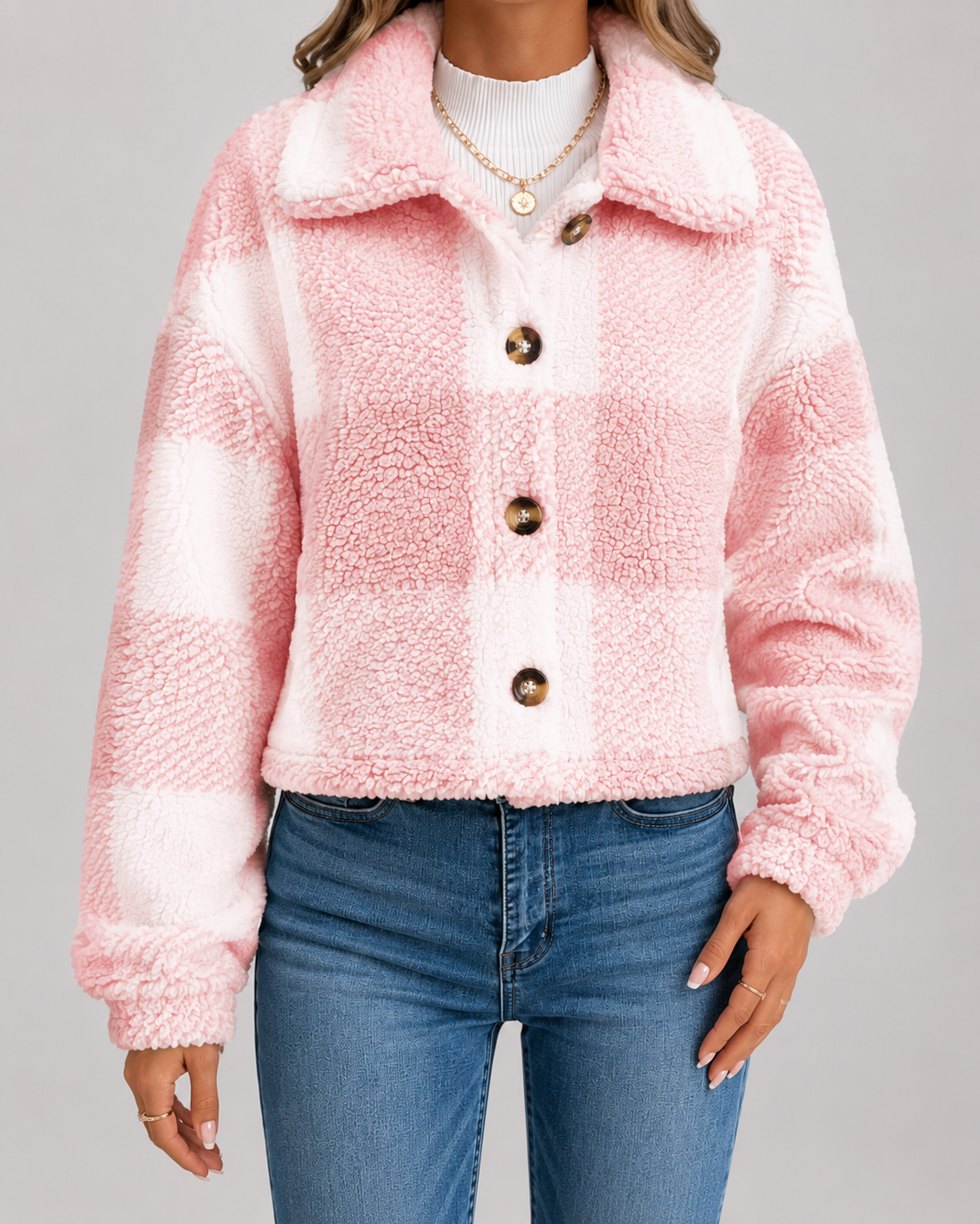 Women's Check Teddy Jacket Fleece Winter Casual