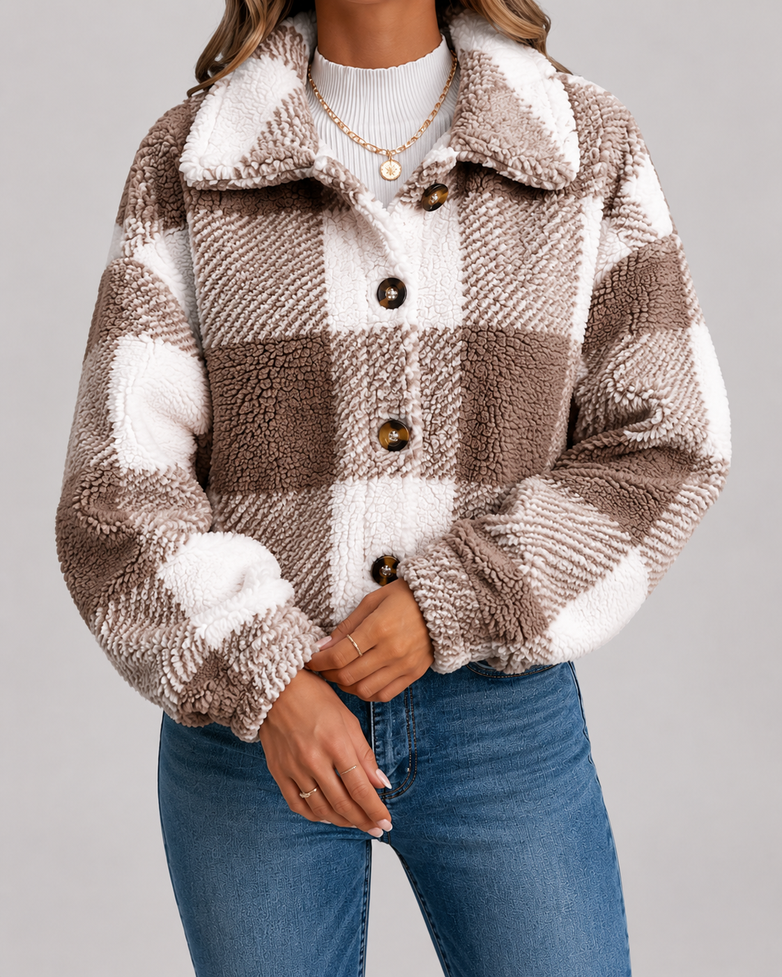 Women's Check Teddy Jacket Fleece Winter Casual