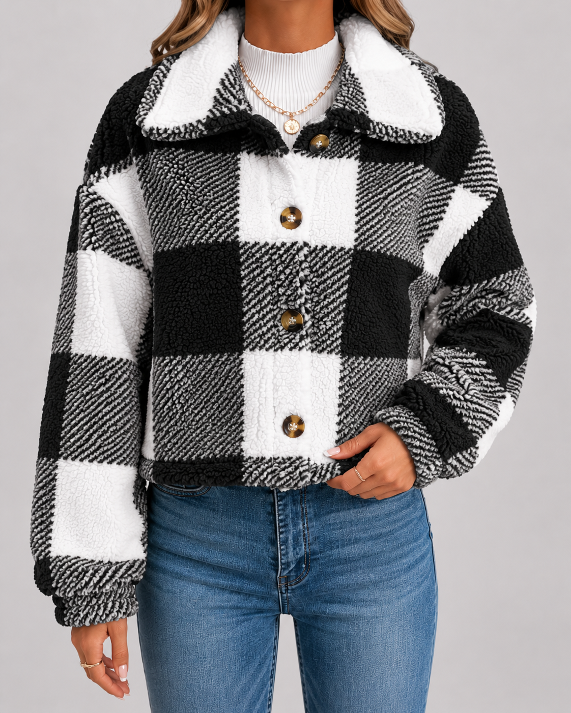 Women's Check Teddy Jacket Fleece Winter Casual