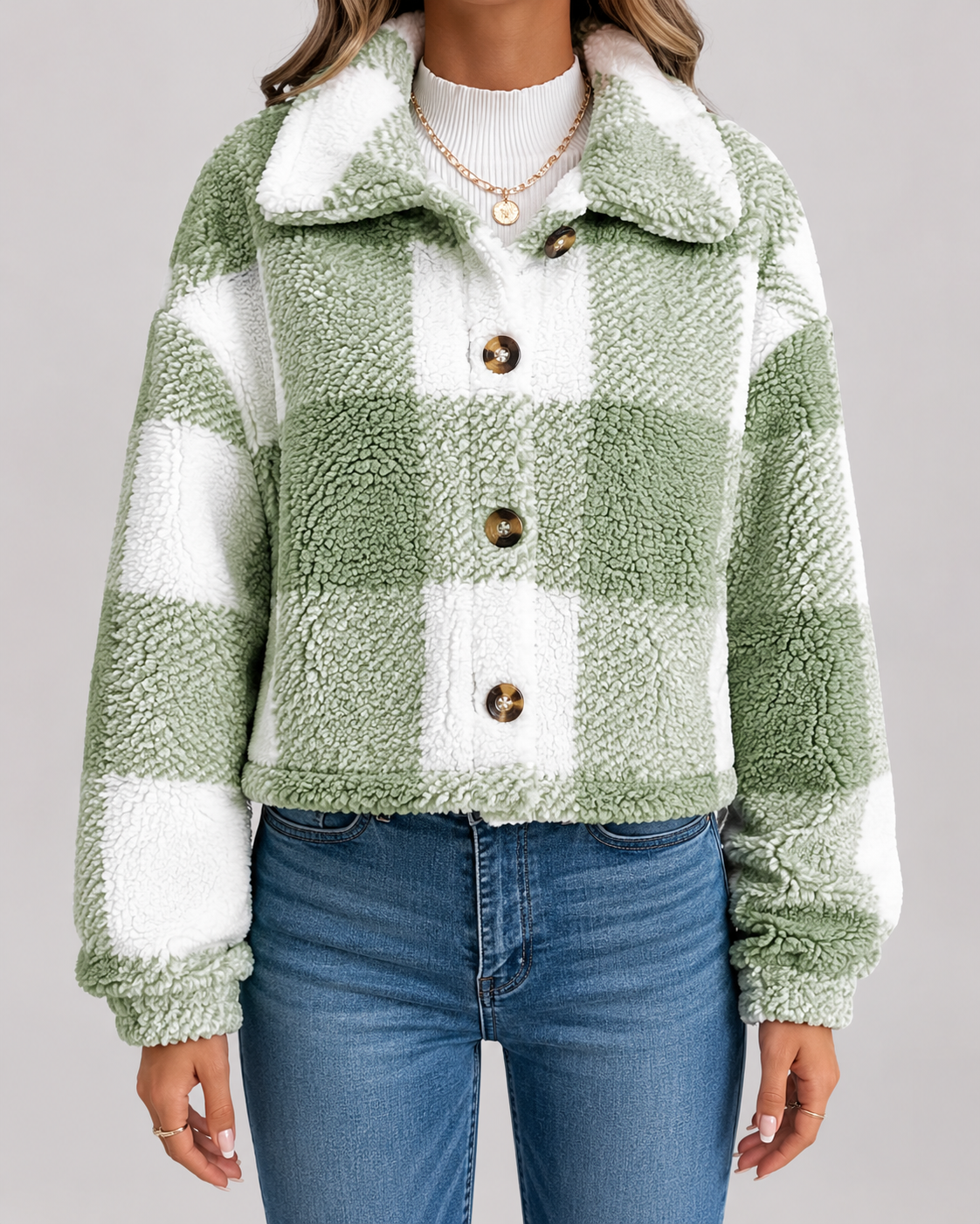Women's Check Teddy Jacket Fleece Winter Casual
