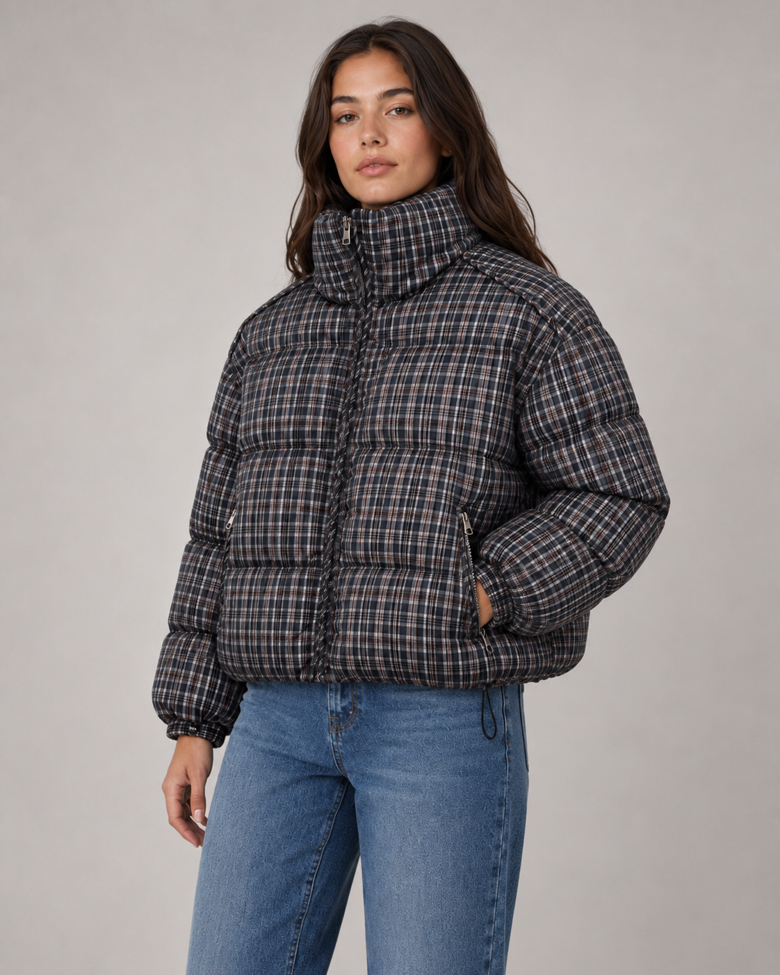 Plaid Check Funnel Neck Cropped Puffer Jacket