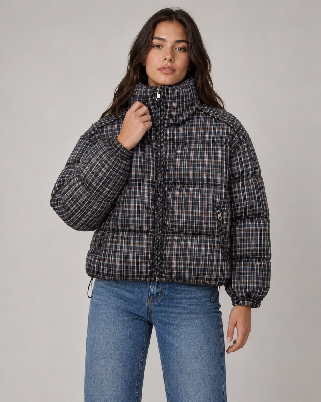 Plaid Check Funnel Neck Cropped Puffer Jacket