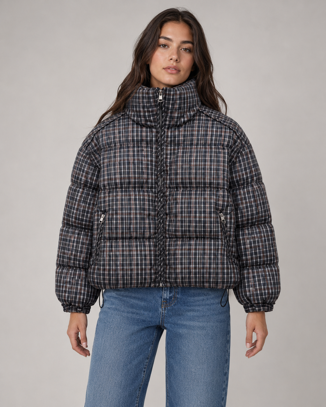 Plaid Check Funnel Neck Cropped Puffer Jacket