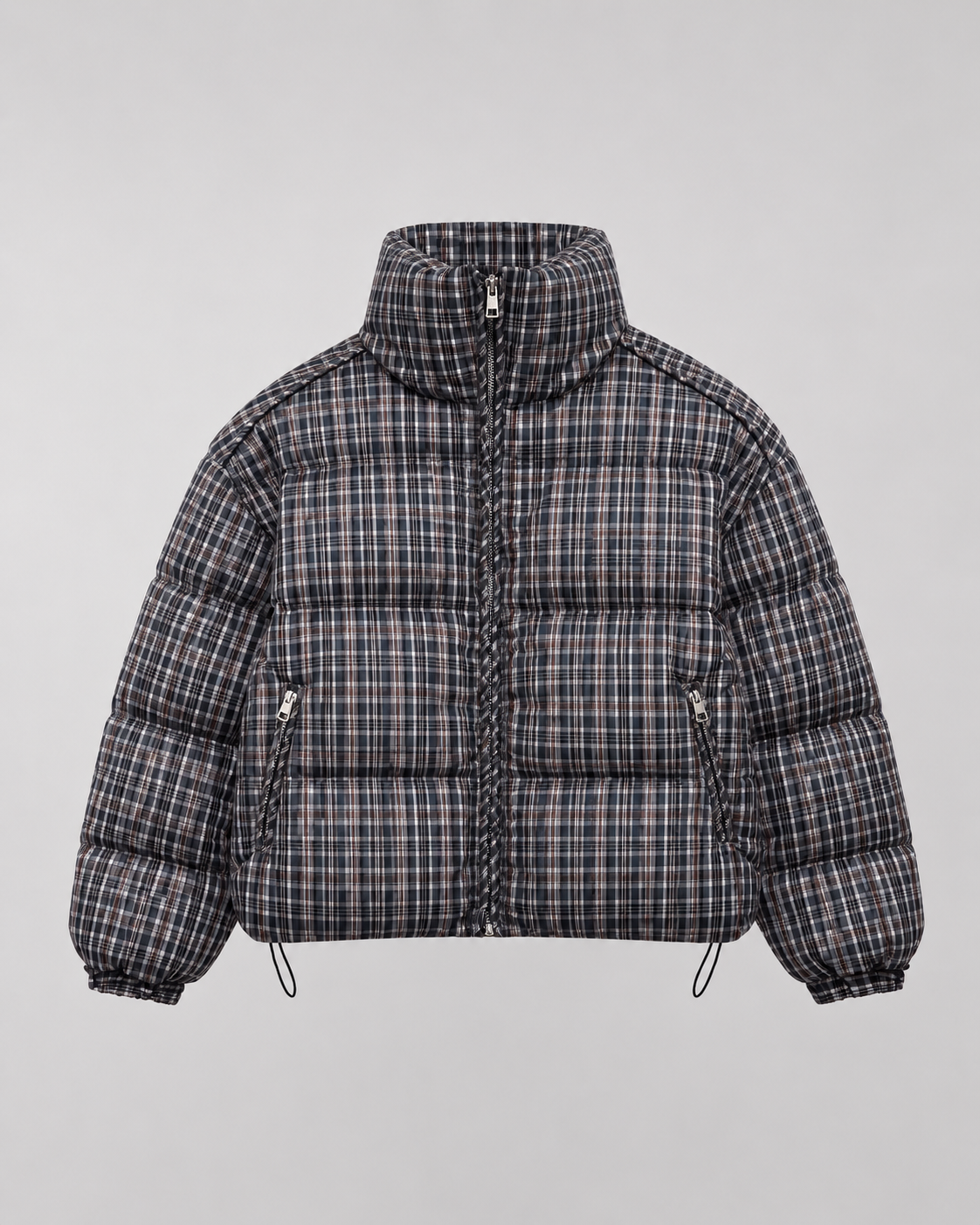 Plaid Check Funnel Neck Cropped Puffer Jacket