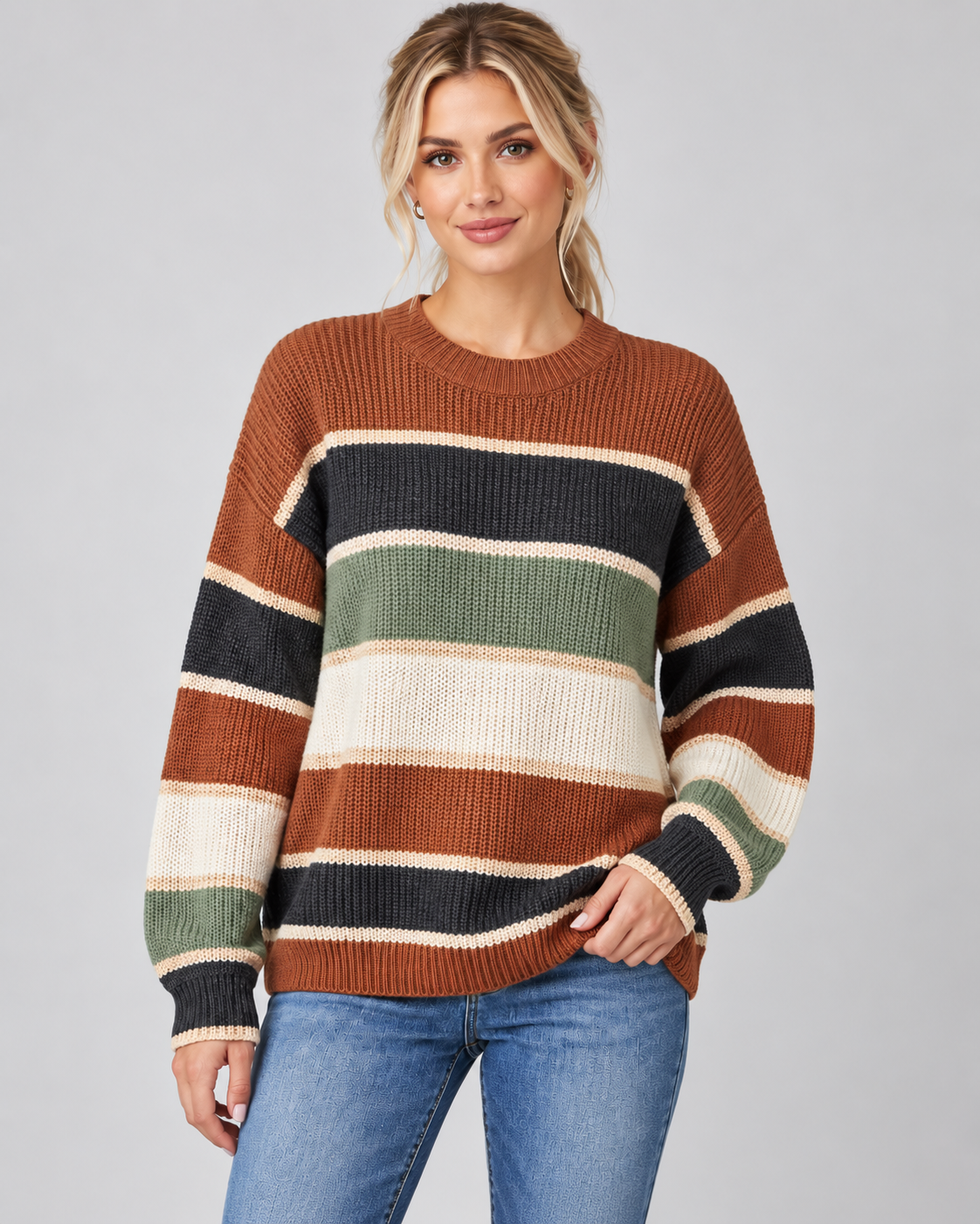 Women's Color Block Knit Sweater - Crew Neck Relaxed Fit