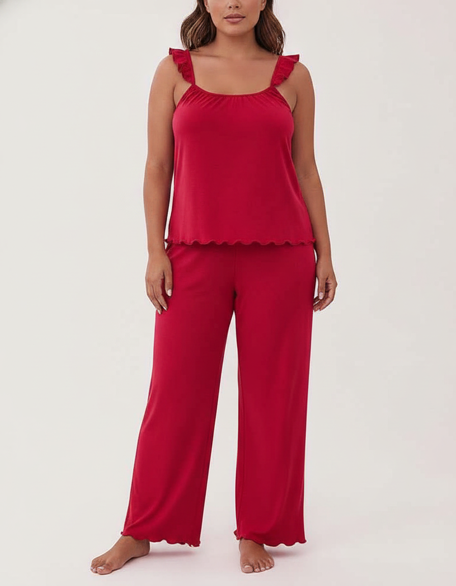 Women's Frill Trim Pajama Set with Pockets | Soft & Comfortable Sleepw