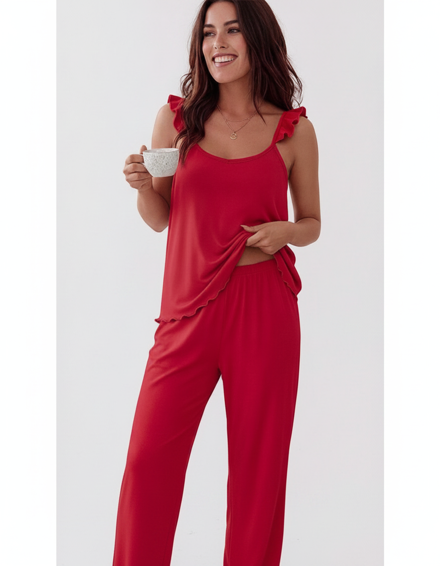 Women's Frill Trim Pajama Set with Pockets | Soft & Comfortable Sleepw
