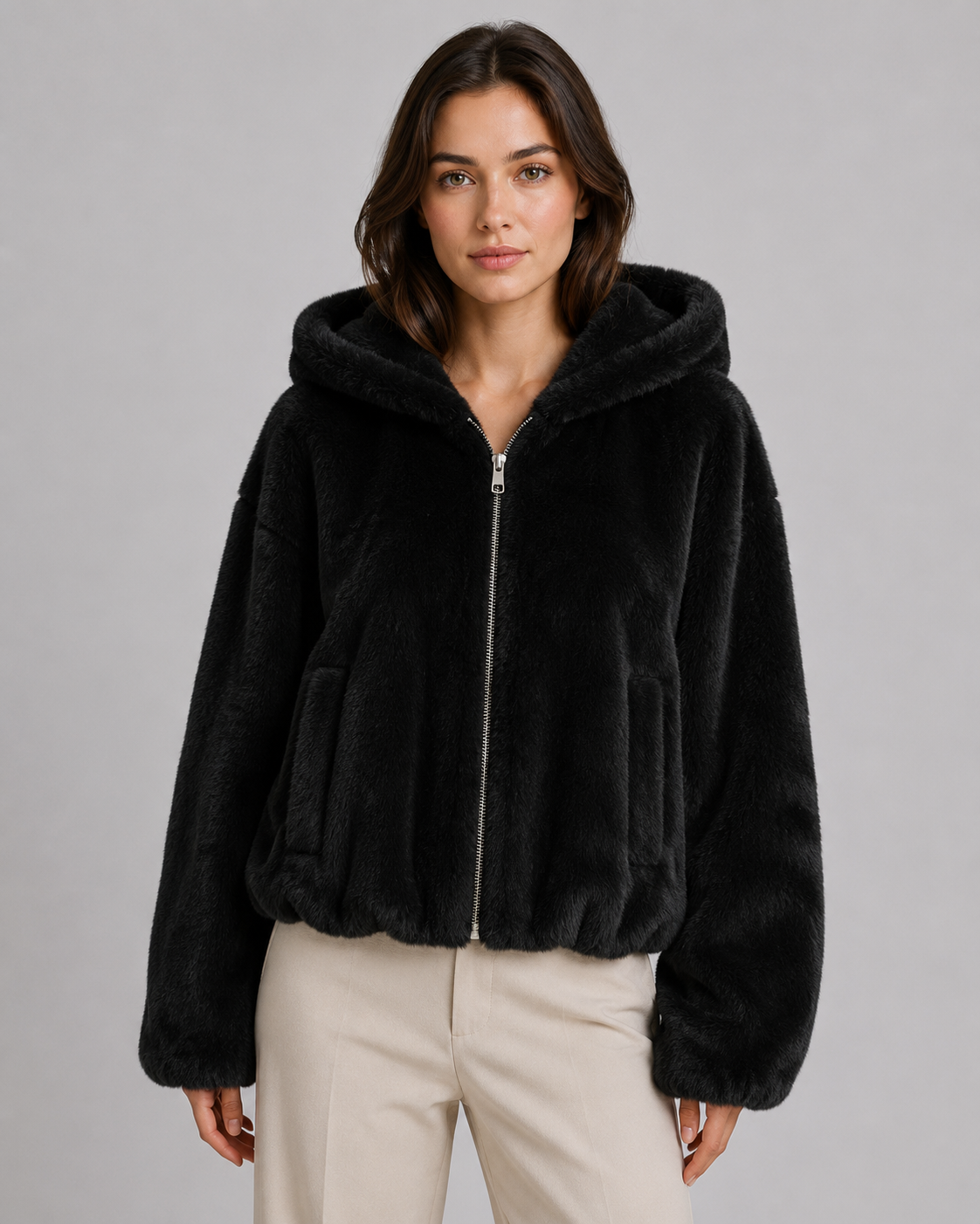 Hooded Zip Front Faux Fur Jacket