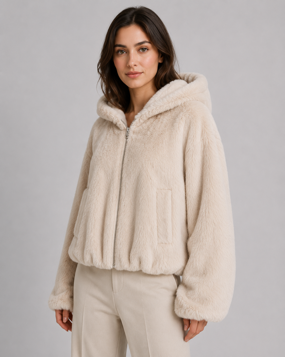 Hooded Zip Front Faux Fur Jacket