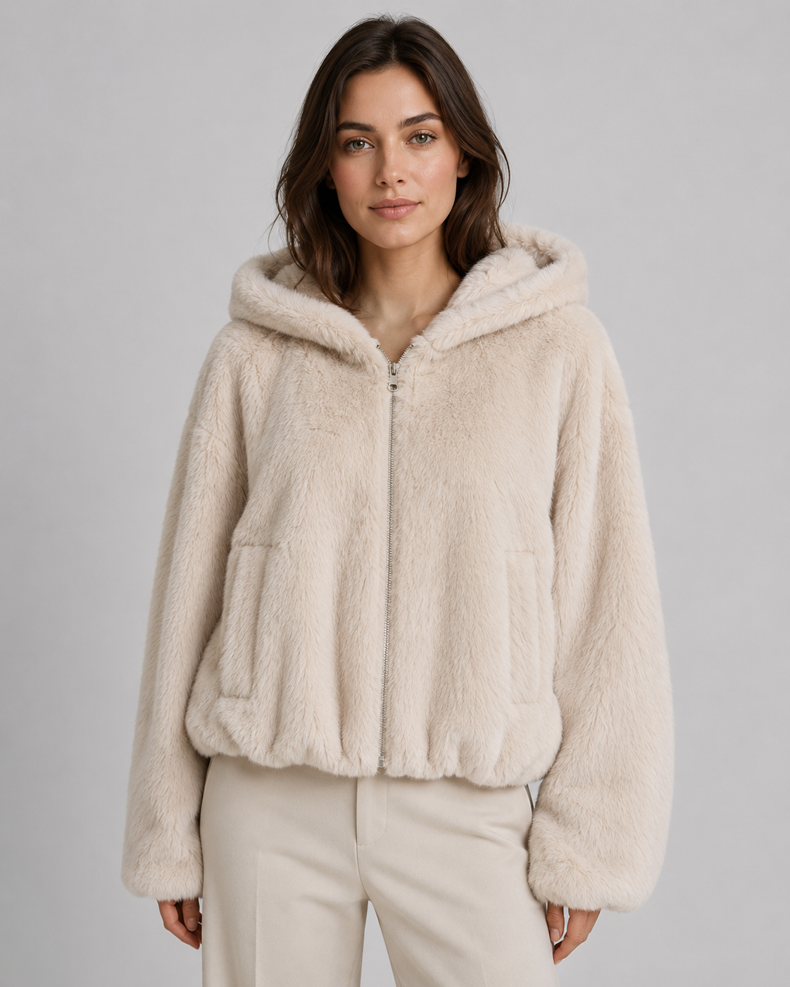 Hooded Zip Front Faux Fur Jacket