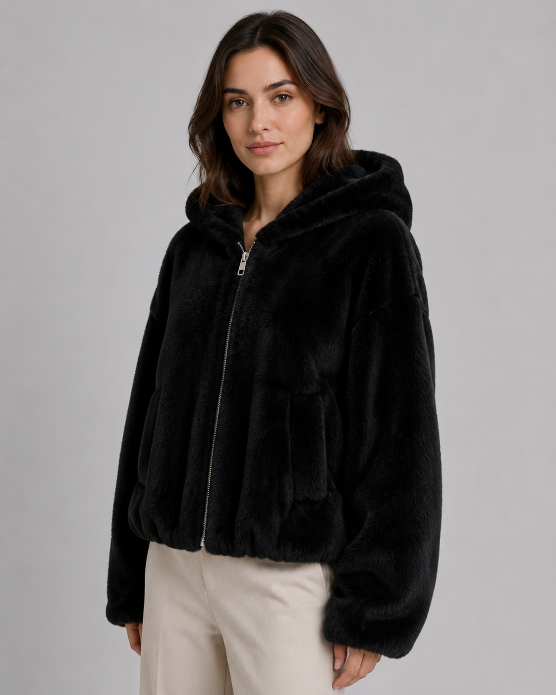 Hooded Zip Front Faux Fur Jacket