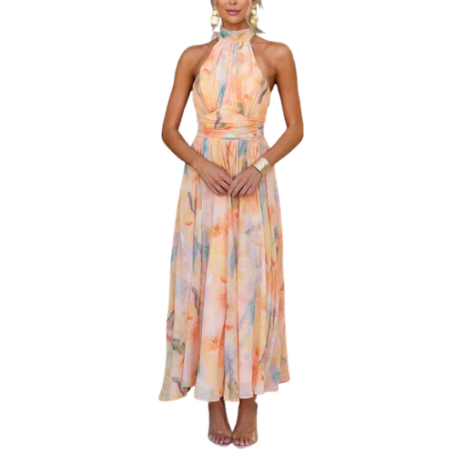 Watercolor Floral Halter Neck Ruched A-Line Maxi Dress