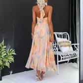 Watercolor Floral Halter Neck Ruched A-Line Maxi Dress 3