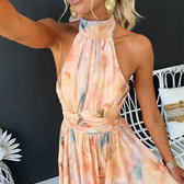 Watercolor Floral Halter Neck Ruched A-Line Maxi Dress 4
