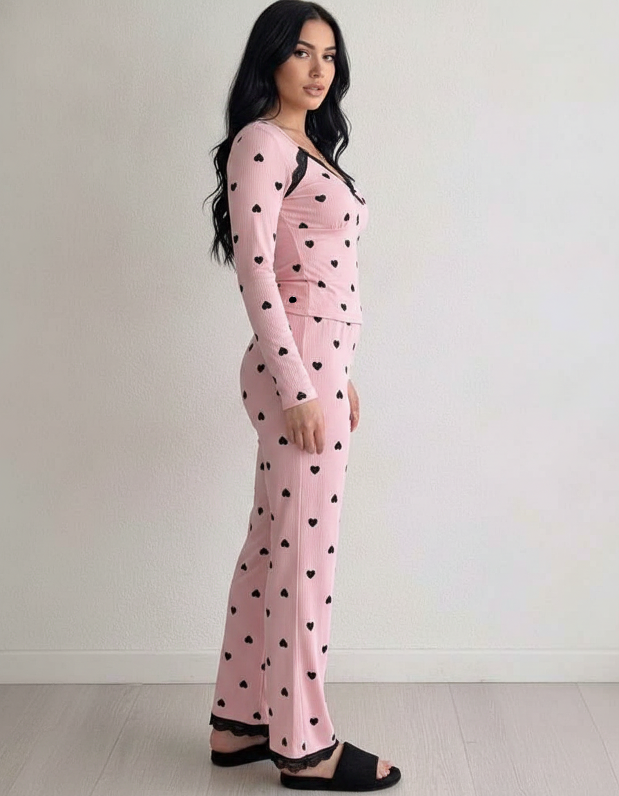 Women's Heart Print Lounge Set with Lace Trim | Cozy Home Comfort