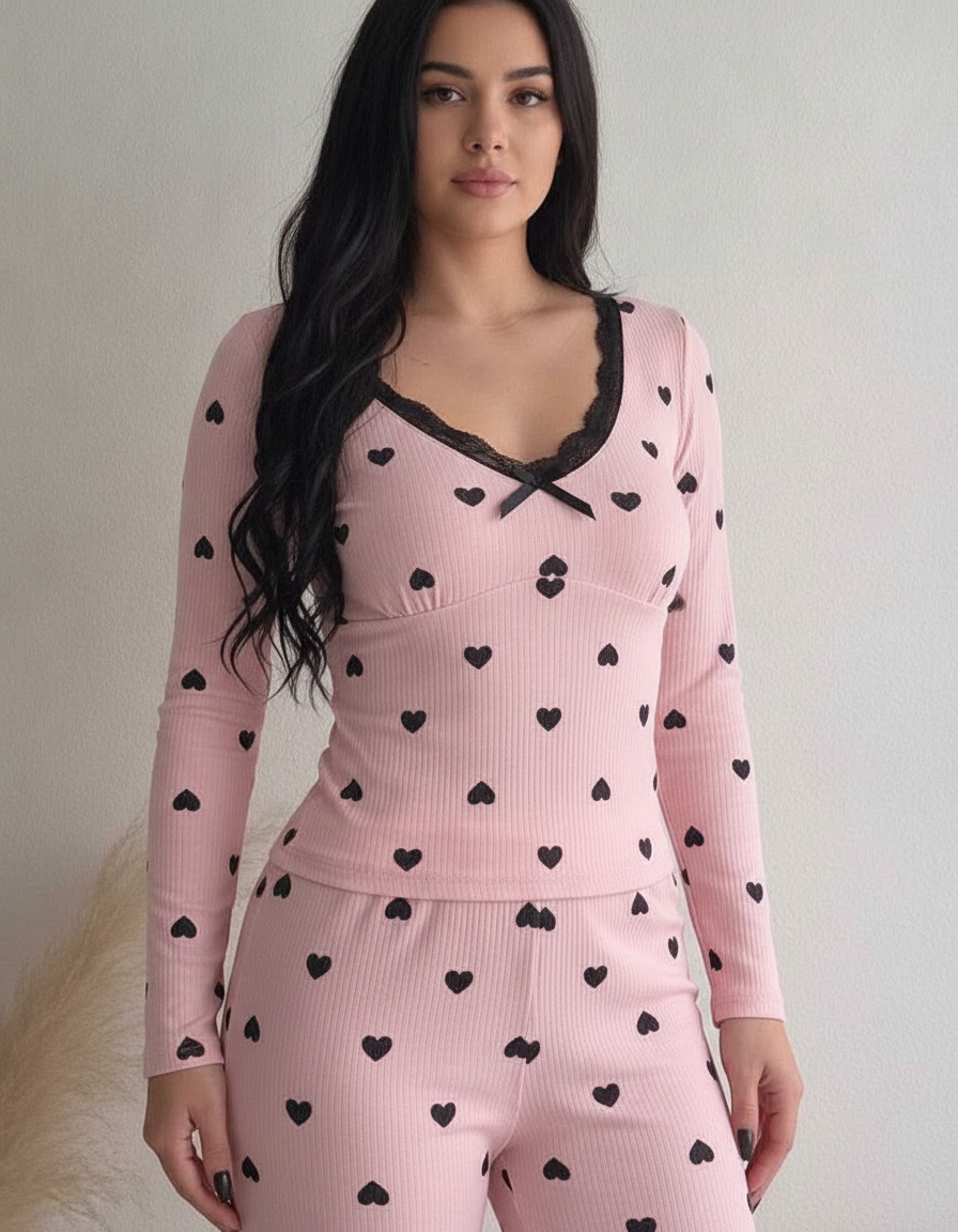 Women's Heart Print Lounge Set with Lace Trim | Cozy Home Comfort