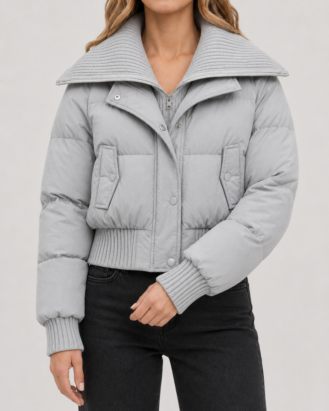 Ribbed Funnel Neck Zip Front Cropped Puffer Jacket