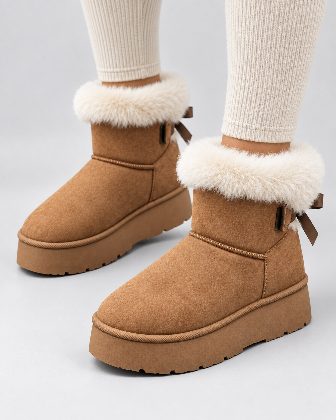 Suede Look Fur Cuff Bow Back Platform Snow Boots