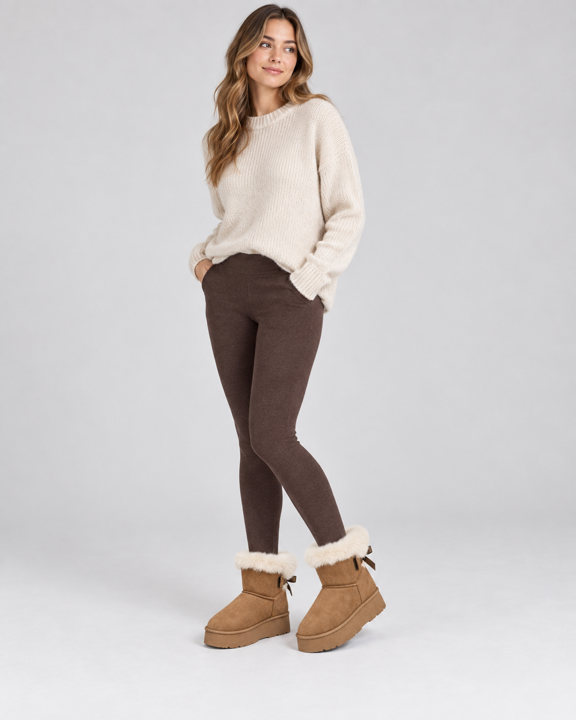Suede Look Fur Cuff Bow Back Platform Snow Boots