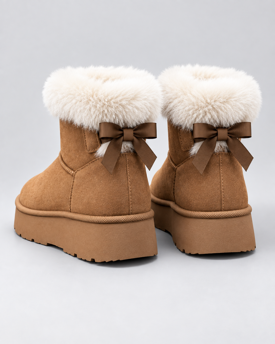 Suede Look Fur Cuff Bow Back Platform Snow Boots