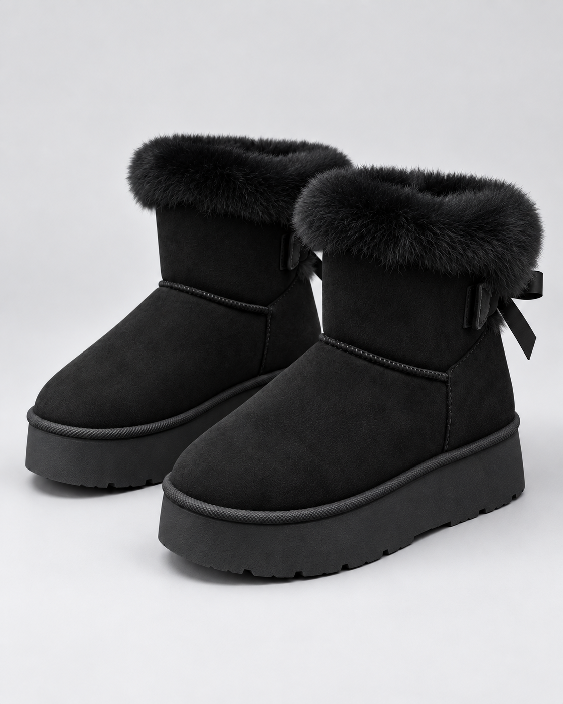 Suede Look Fur Cuff Bow Back Platform Snow Boots