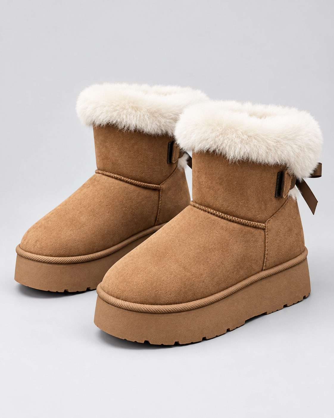Suede Look Fur Cuff Bow Back Platform Snow Boots