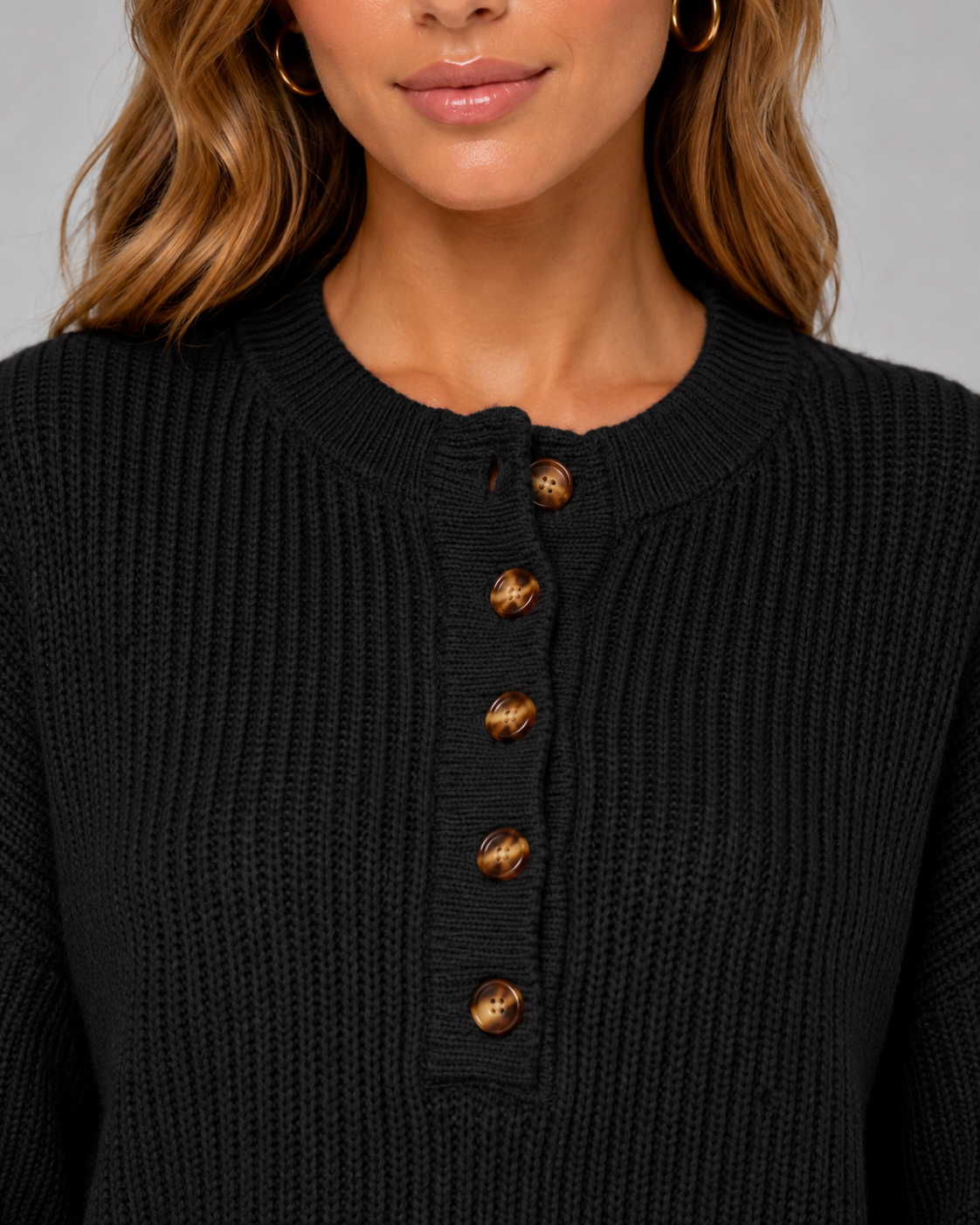 Women's Ribbed Henley Sweater with Button Placket
