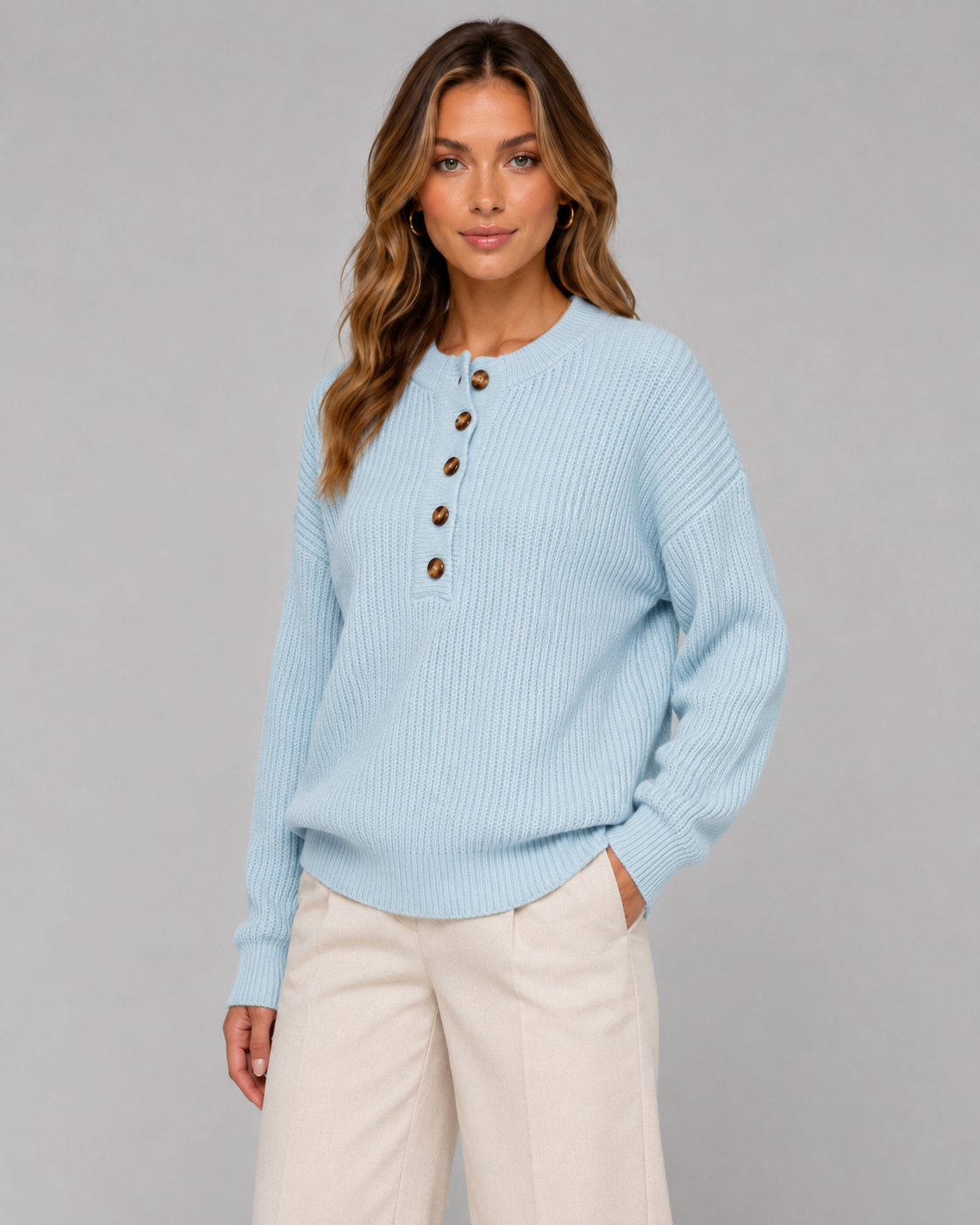 Women's Ribbed Henley Sweater with Button Placket