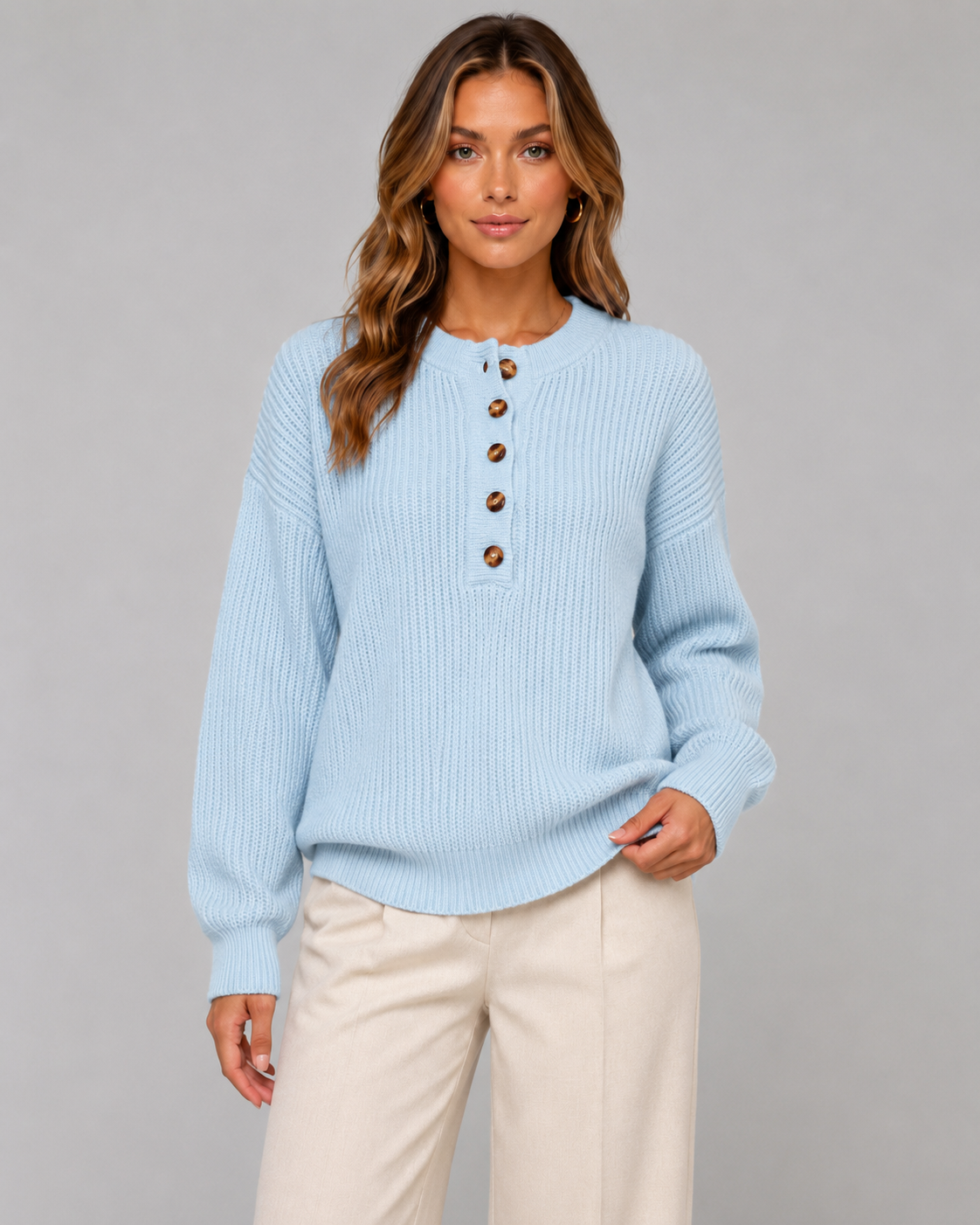 Women's Ribbed Henley Sweater with Button Placket
