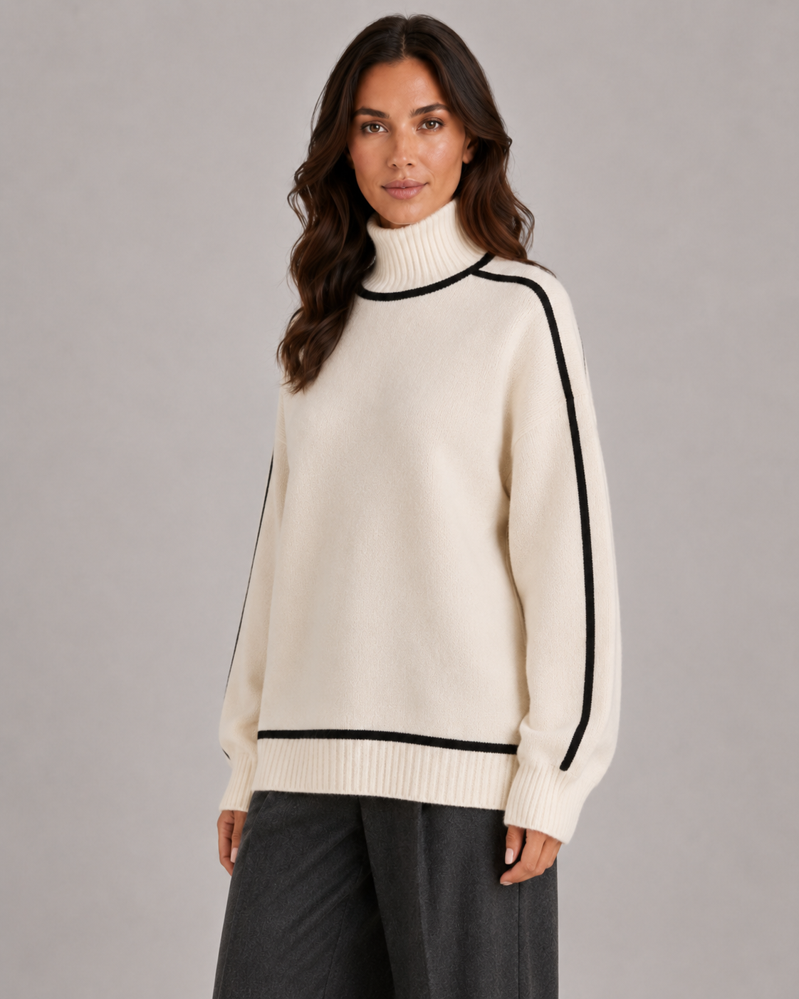 Turtleneck Contrast Trim Oversized Drop Shoulder Sweater