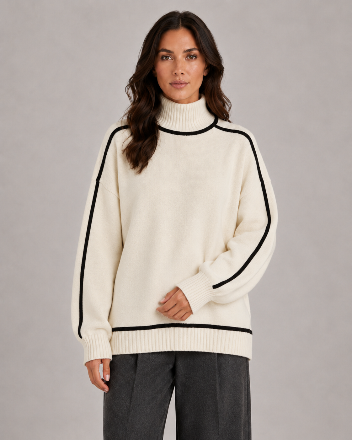 Turtleneck Contrast Trim Oversized Drop Shoulder Sweater