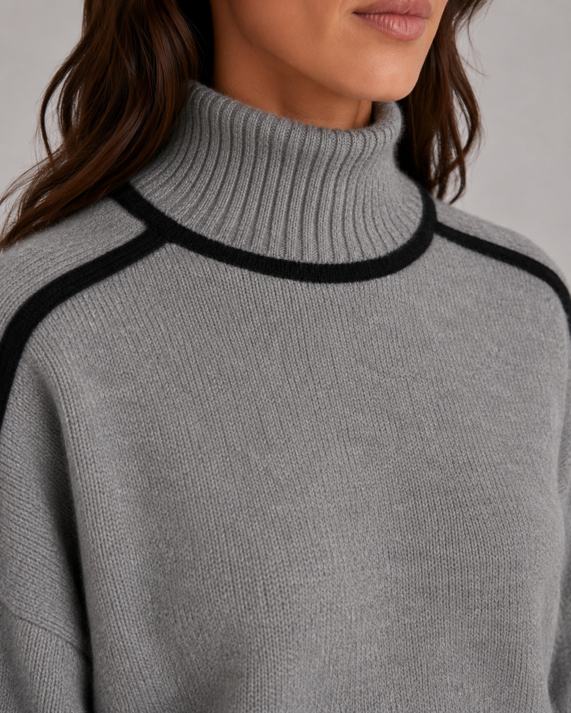 Turtleneck Contrast Trim Oversized Drop Shoulder Sweater