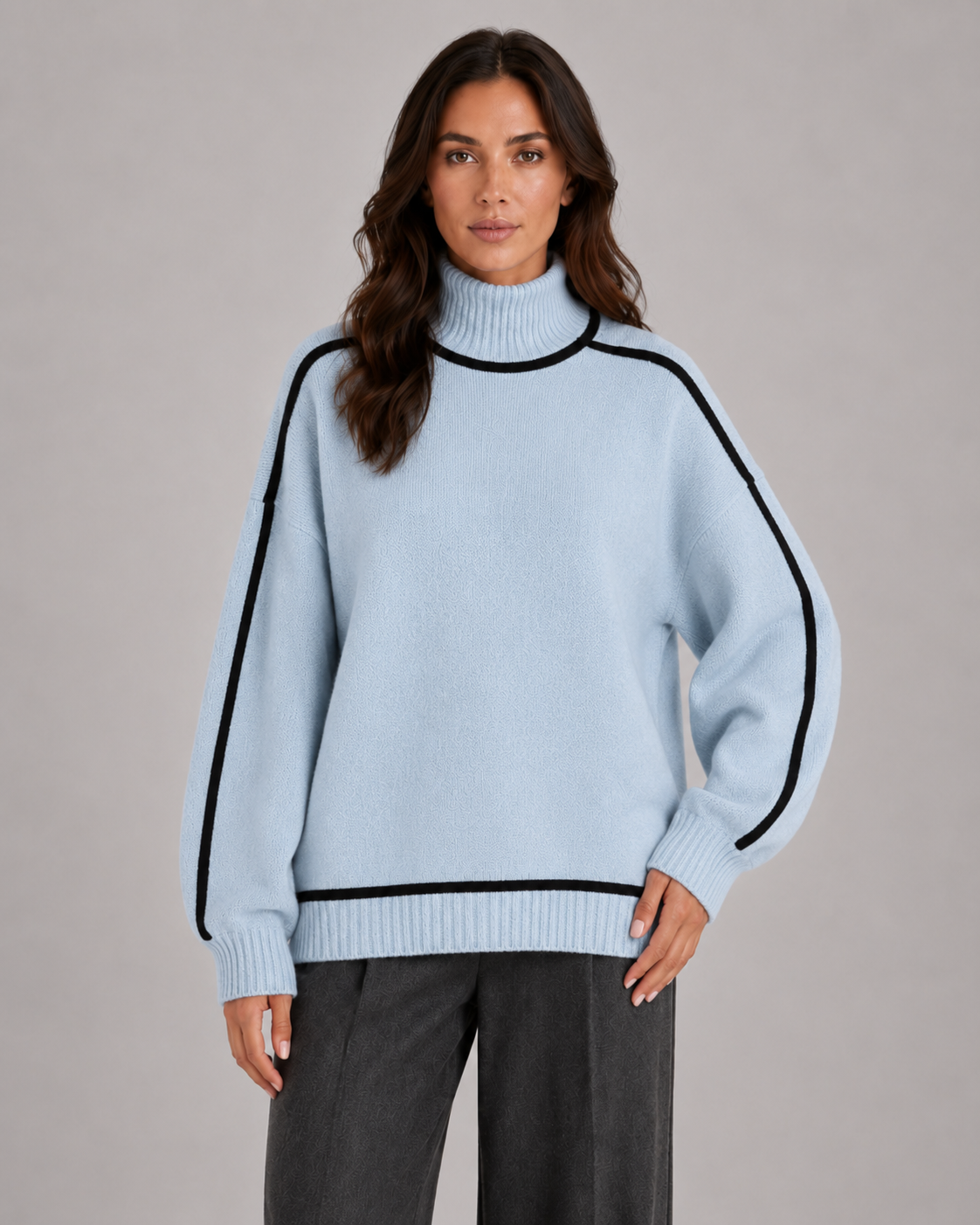 Turtleneck Contrast Trim Oversized Drop Shoulder Sweater