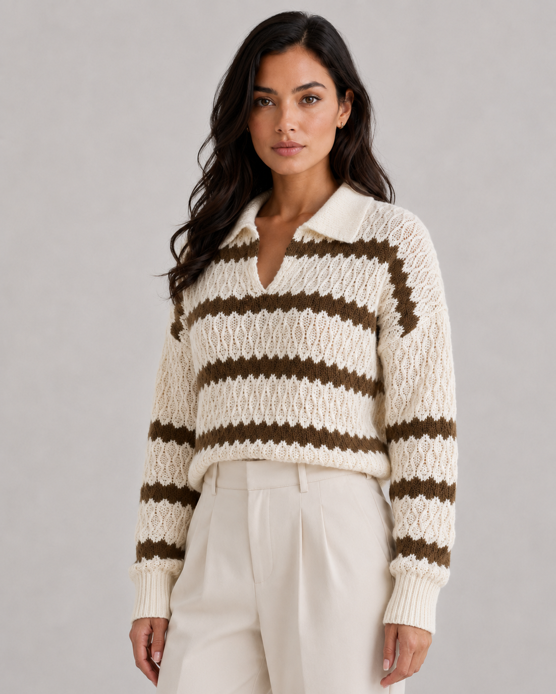 Women's V-Neck Collared Knit Sweater Relaxed Soft Fit