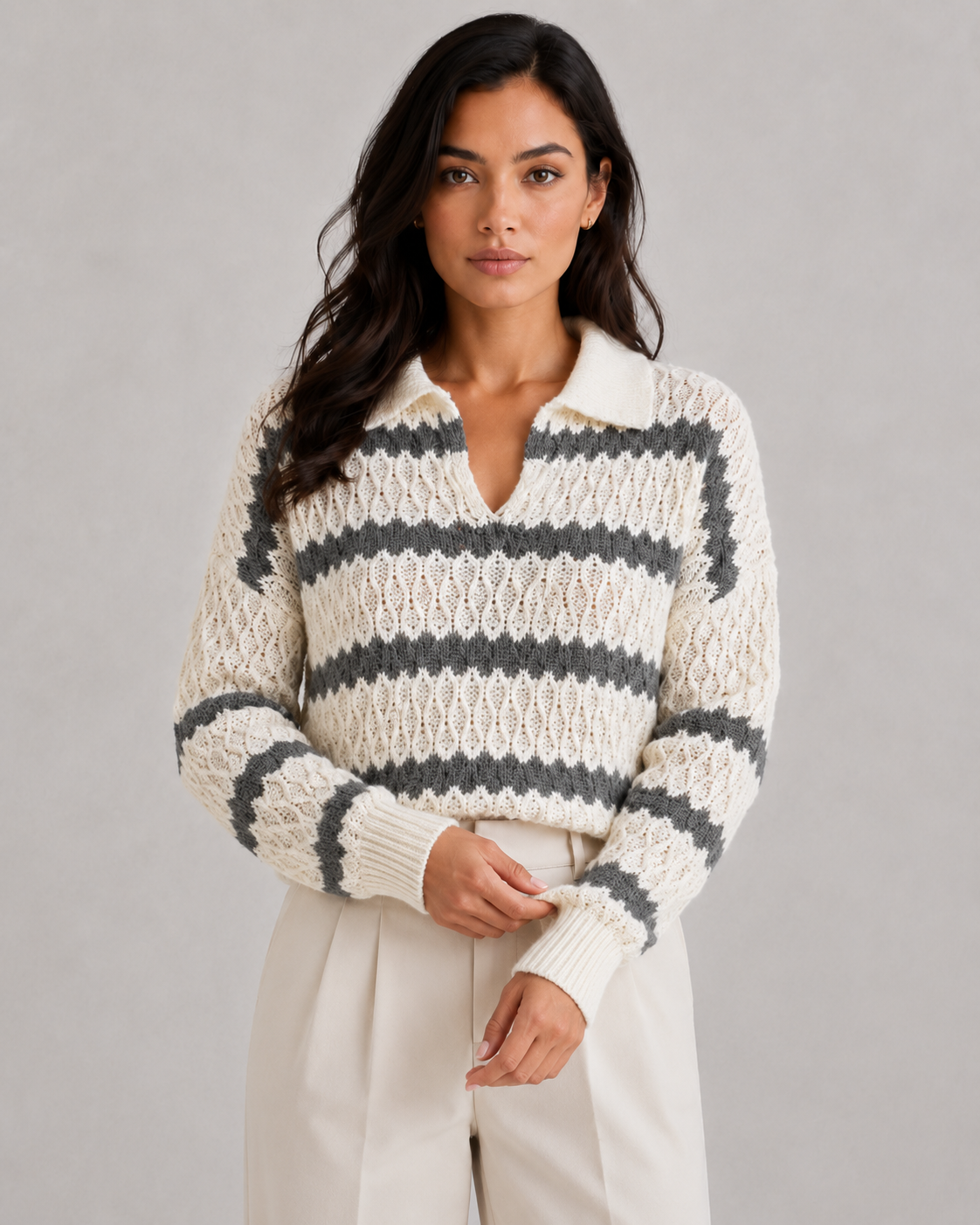 Women's V-Neck Collared Knit Sweater Relaxed Soft Fit