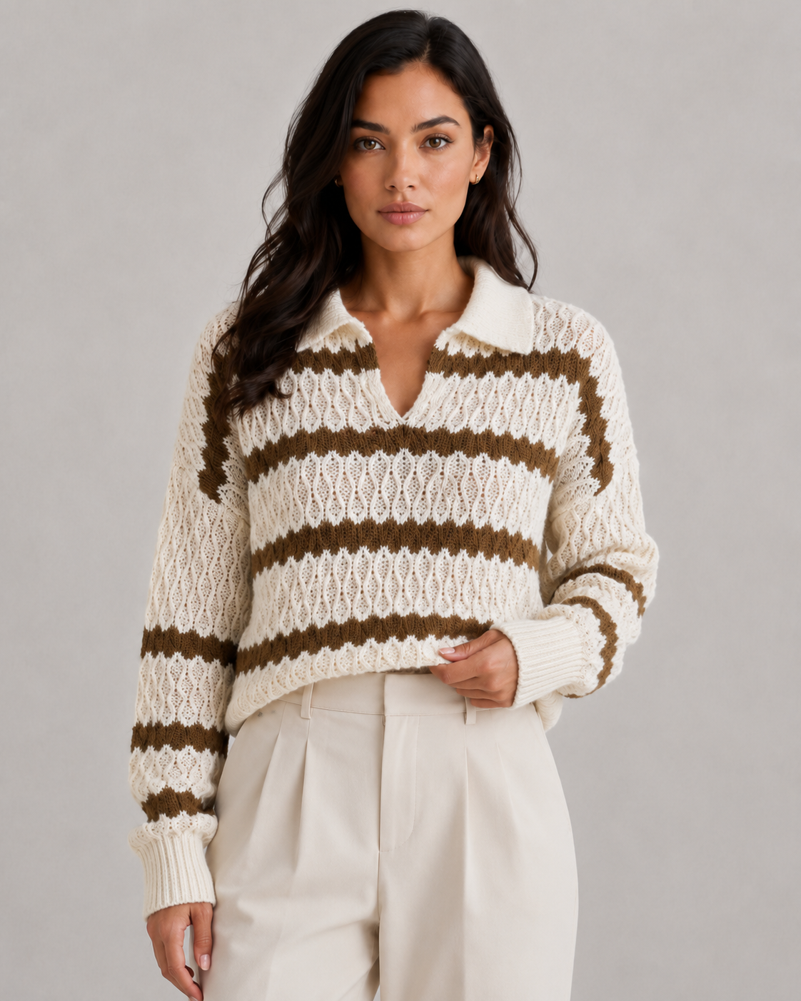 Women's V-Neck Collared Knit Sweater Relaxed Soft Fit