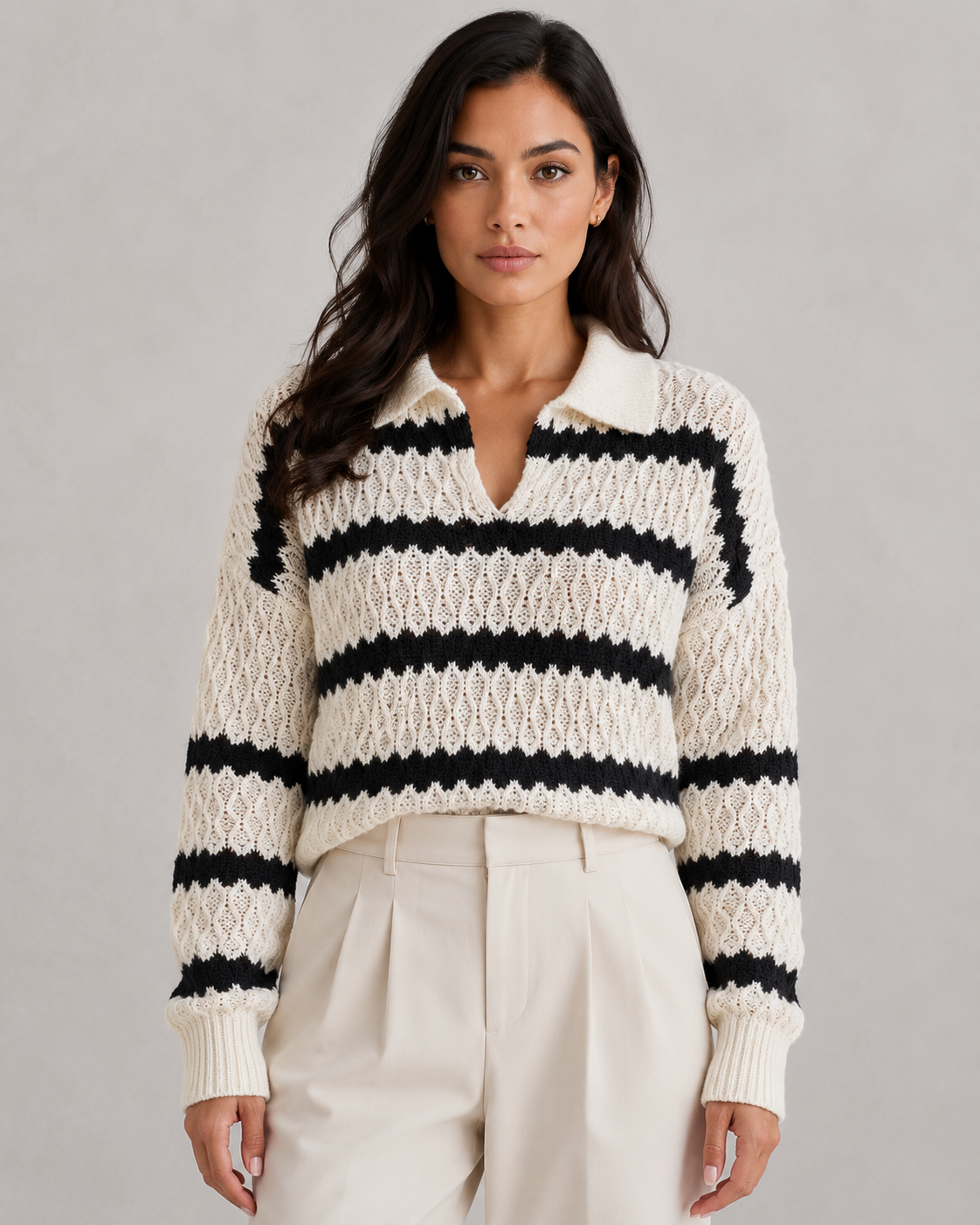Women's V-Neck Collared Knit Sweater Relaxed Soft Fit