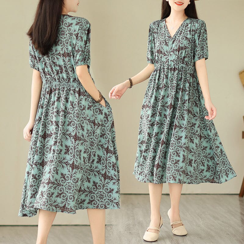 Geometric Medallion Print V-Neck Puff Sleeve Elastic Empire Waist A-Line Midi Dress