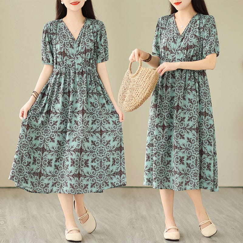 Geometric Medallion Print V-Neck Puff Sleeve Elastic Empire Waist A-Line Midi Dress