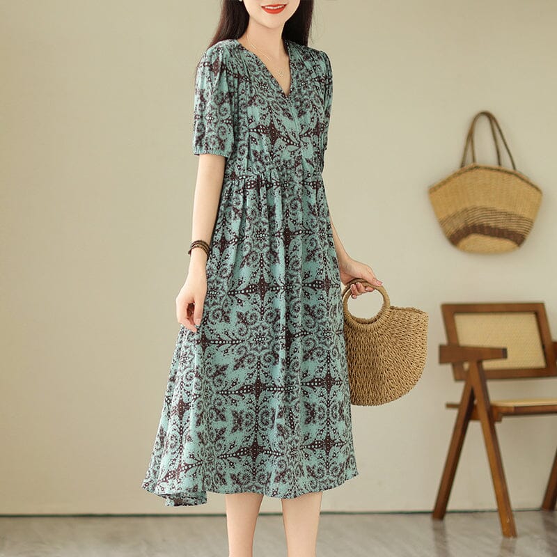 Geometric Medallion Print V-Neck Puff Sleeve Elastic Empire Waist A-Line Midi Dress