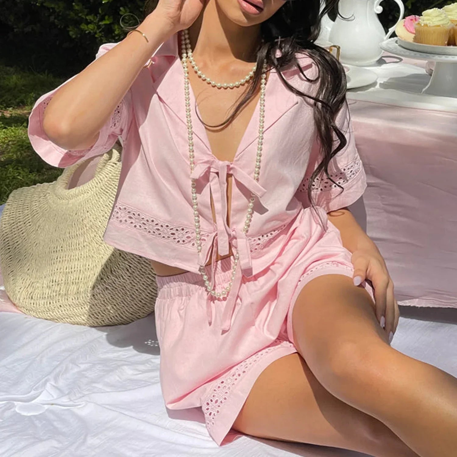 Women Tie Pajama Set V Neck Crop Top Shorts Two Piece Set