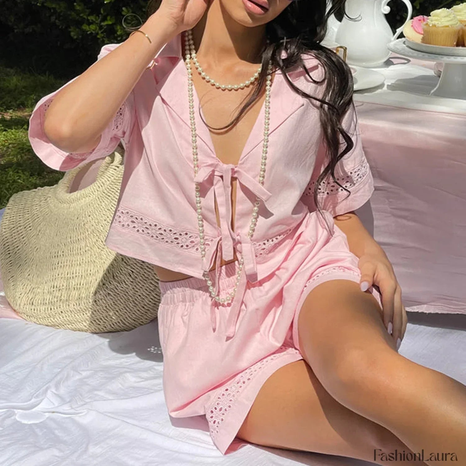 Women Tie Pajama Set V Neck Crop Top Shorts Two Piece Set