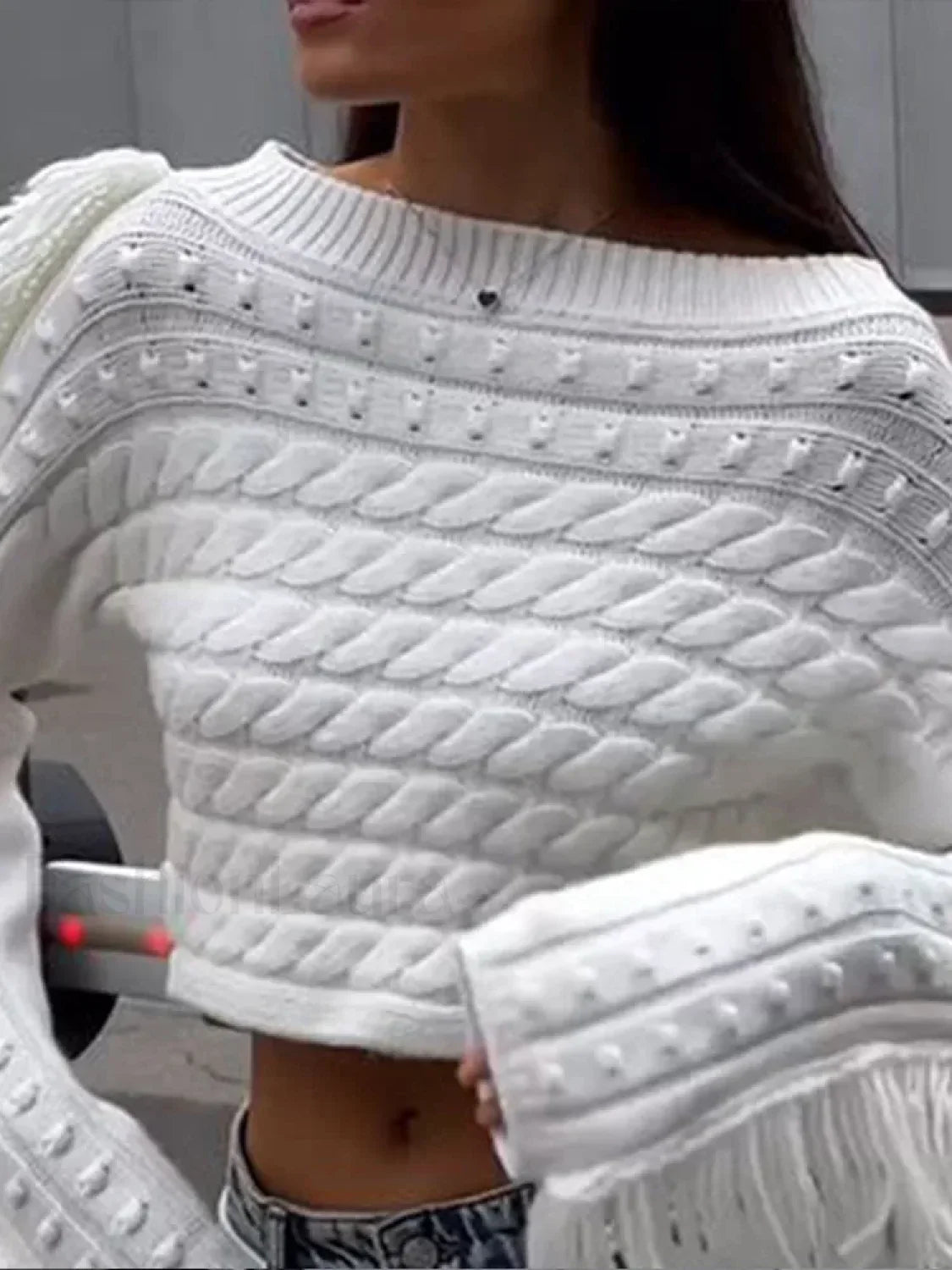 Women Vintage Solid Tassel Short Fashion Long Sleeve Knitted Pullover Sweater